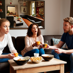 **A group of diverse friends intensely watching "Wie is de Mol?" on television in a cozy Dutch living room, filled with gezellig atmosphere. Bowls of snacks and drinks are on the coffee table.** (This represents the national obsession with the reality show.)