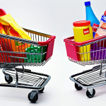 **A split-screen image**: On one side, a cluttered shopping cart overflowing with brightly colored, disposable goods. On the other, a minimalist shopping basket with a few carefully chosen, ethically sourced items. The overall tone should be thought-provoking and slightly contrasting.
