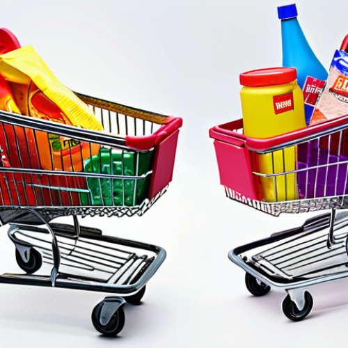 **A split-screen image**: On one side, a cluttered shopping cart overflowing with brightly colored, disposable goods. On the other, a minimalist shopping basket with a few carefully chosen, ethically sourced items. The overall tone should be thought-provoking and slightly contrasting.