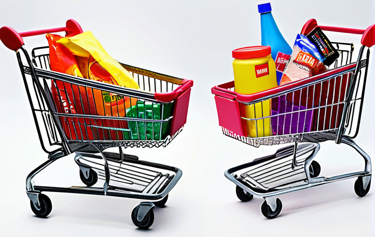 **A split-screen image**: On one side, a cluttered shopping cart overflowing with brightly colored, disposable goods. On the other, a minimalist shopping basket with a few carefully chosen, ethically sourced items. The overall tone should be thought-provoking and slightly contrasting.